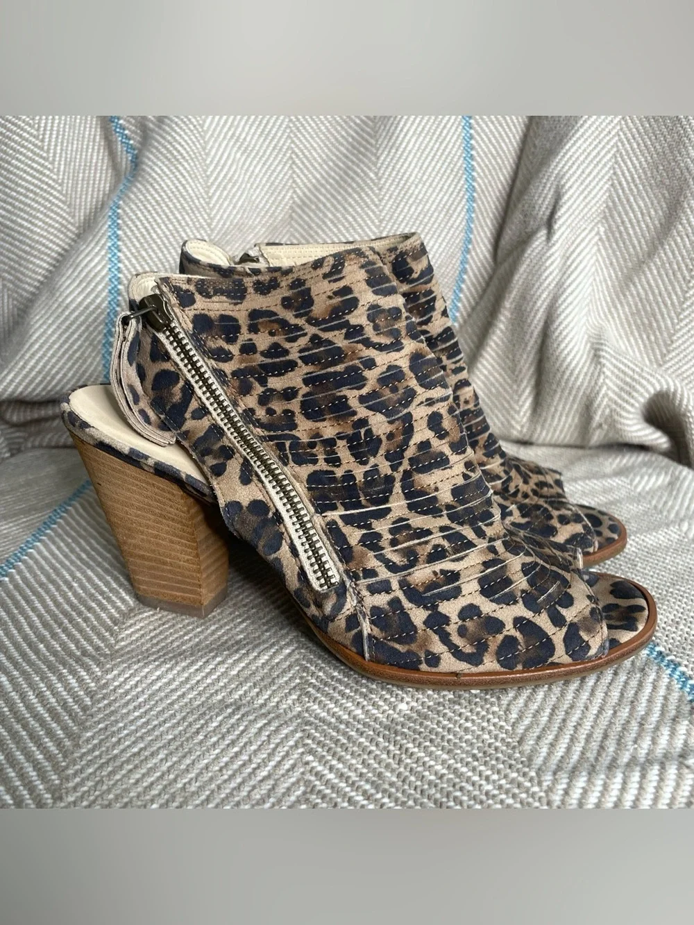 Paul Green Leopard Print Leather Open Toe Ankle Booties Zip Heels Sz 4UK 6.5 US